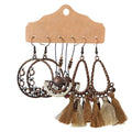 Bohemian Earrings, Set of 3 Pairs - Crescent Moon Hoop and Brown Tassel