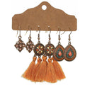 Bohemian Earrings, Set of 3 Pairs - Diamond Stud, Teardrop and Orange Tassel