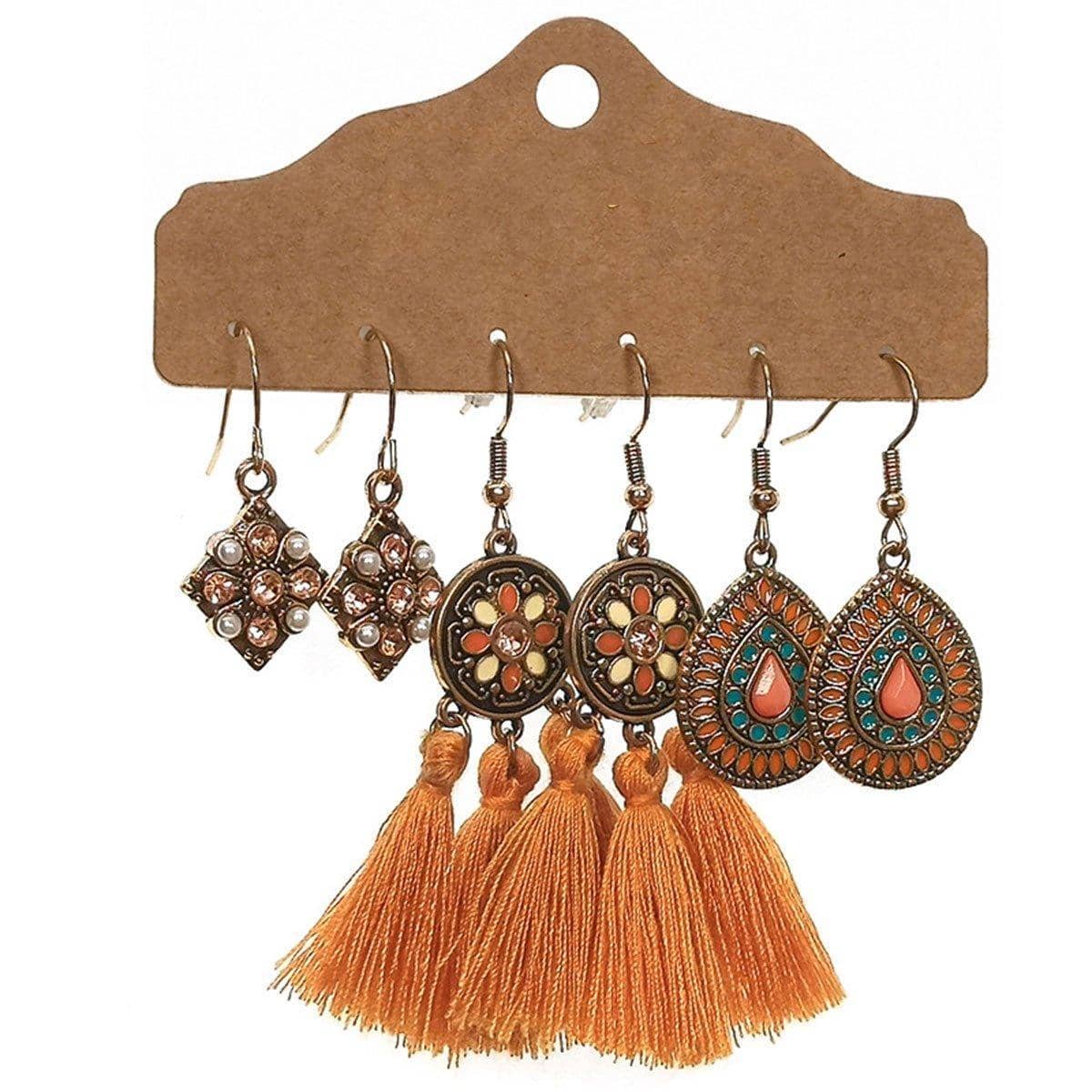 Bohemian Earrings, Set of 3 Pairs - Diamond Stud, Teardrop and Orange Tassel