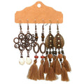 Bohemian Earrings, Set of 3 Pairs - Flower Loop, Bead and Brown Tassel
