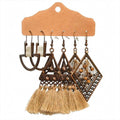 Bohemian Earrings, Set of 3 Pairs - Geometric Triangle, Diamond and Tan Tassel