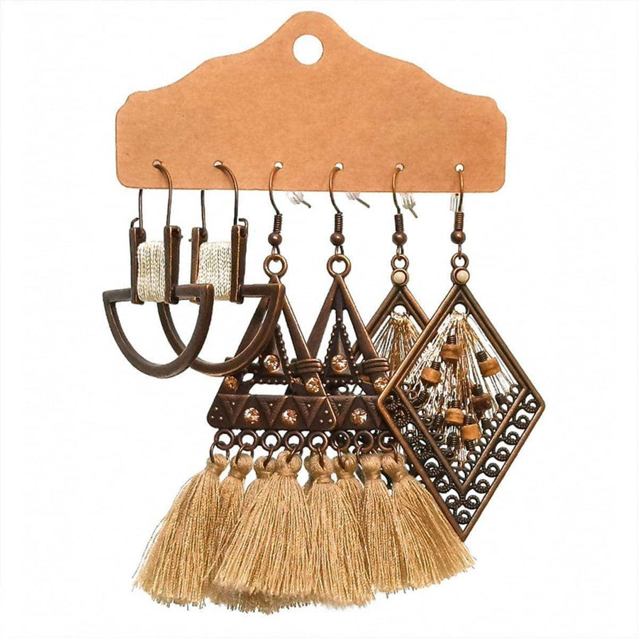 Bohemian Earrings, Set of 3 Pairs - Geometric Triangle, Diamond and Tan Tassel
