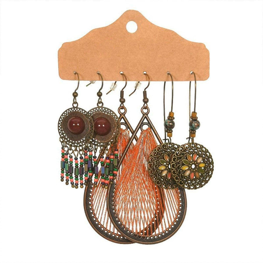 Bohemian Earrings, Set of 3 Pairs - Maroon Bead and Orange Thread Teardrop