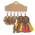 Bohemian Earrings, Set of 3 Pairs - Painted Flower Disc and Bright Tassel
