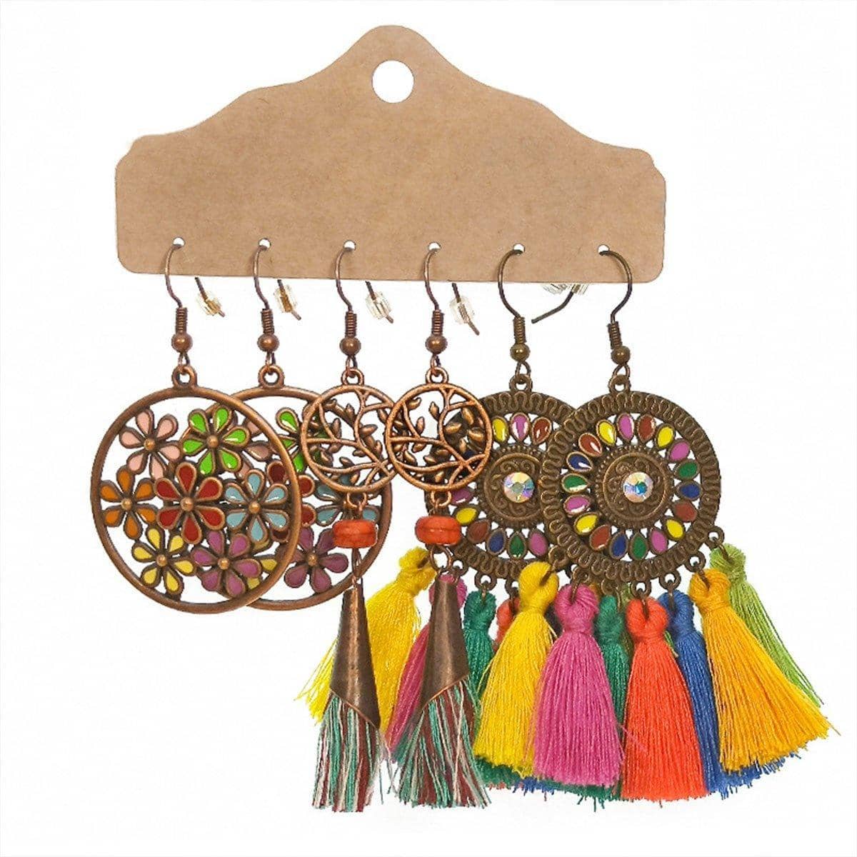 Bohemian Earrings, Set of 3 Pairs - Painted Flower Disc and Bright Tassel