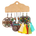 Bohemian Earrings, Set of 3 Pairs - Painted Flower and Rainbow Tassel