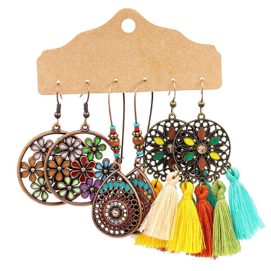 Bohemian Earrings, Set of 3 Pairs - Painted Flower and Rainbow Tassel