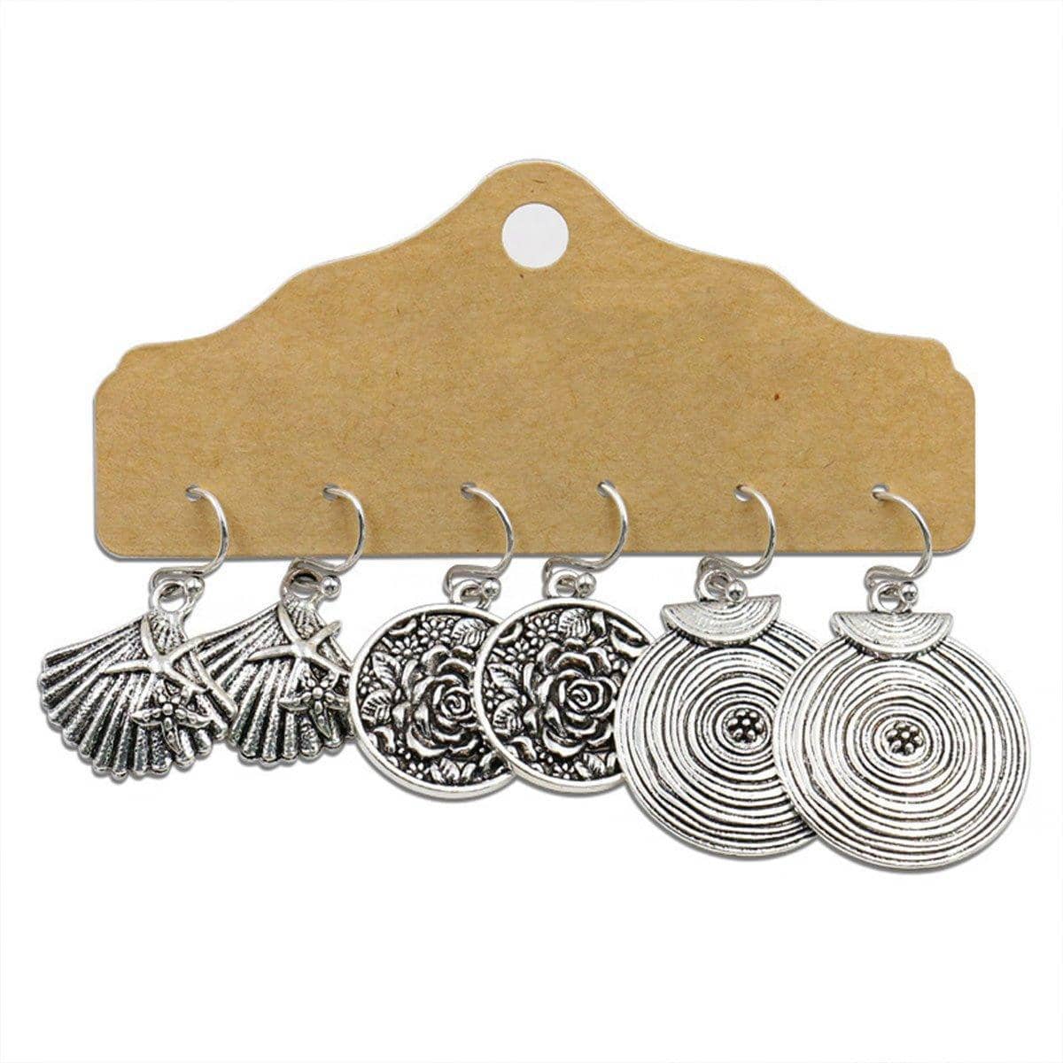 Bohemian Earrings, Set of 3 Pairs - Silver Shell, Rose and Spiral Disc