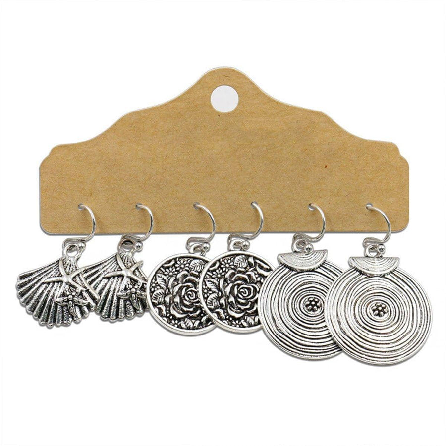 Bohemian Earrings, Set of 3 Pairs - Silver Shell, Rose and Spiral Disc
