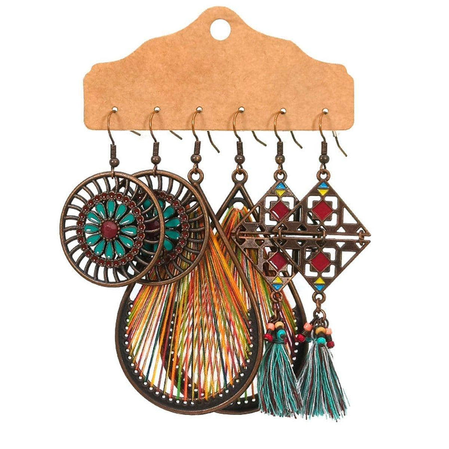 Bohemian Earrings, Set of 3 Pairs - Teal Disc and Rainbow Thread Teardrop