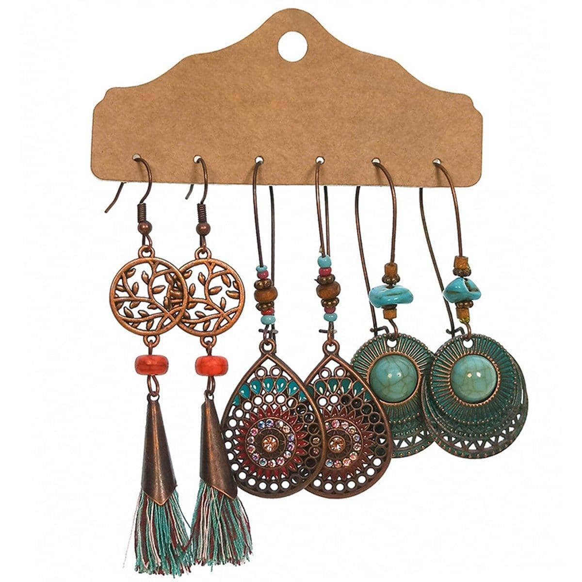 Bohemian Earrings, Set of 3 Pairs - Tree Disc, Teal Teardrop and Turquoise Bead