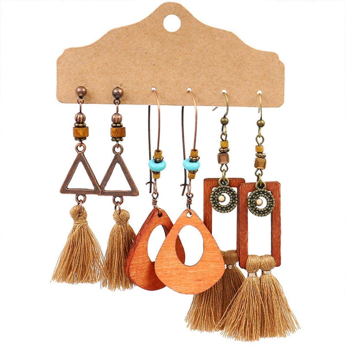 Bohemian Earrings, Set of 3 Pairs - Triangle, Teardrop and Brown Tassel