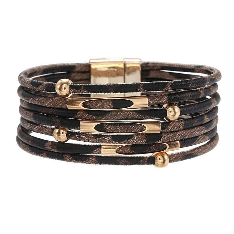 Bohemian Multi-Layer Faux Leather Leopard Print Bracelet - Brown, 19 cm