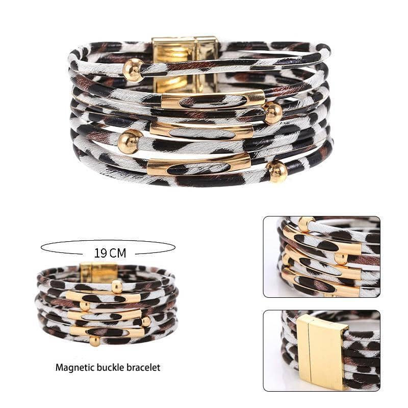 Bohemian Multi-Layer Faux Leather Leopard Print Bracelet - Brown, 19 cm - view 5