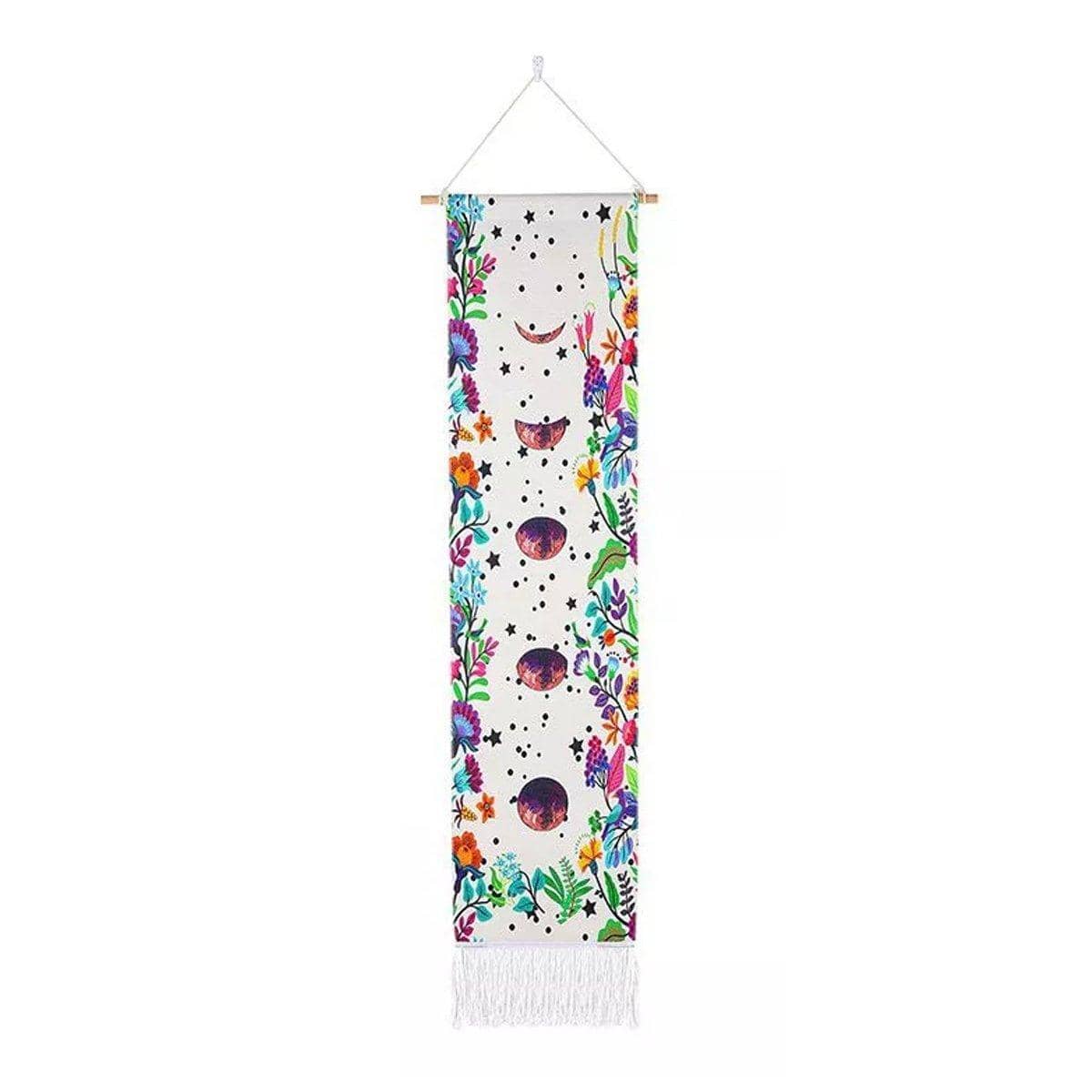 Bohemian Wall Hanging Tapestry - Floral Moon Phases on White