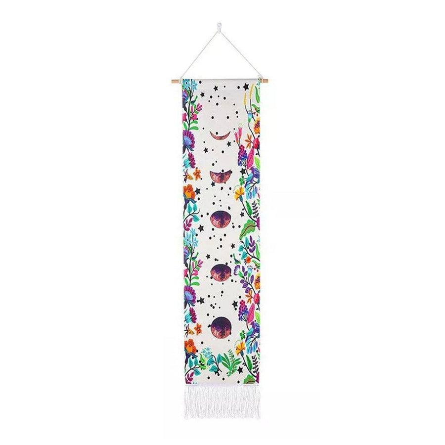 Bohemian Wall Hanging Tapestry - Floral Moon Phases on White