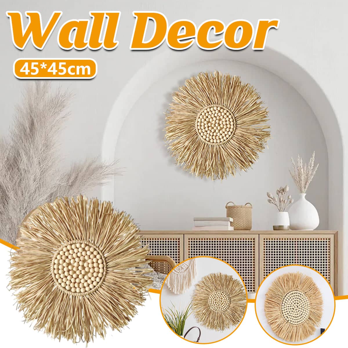 Boho Hand-Woven Straw Round Wall Hanging with Wooden Beads, 45 x 45 cm