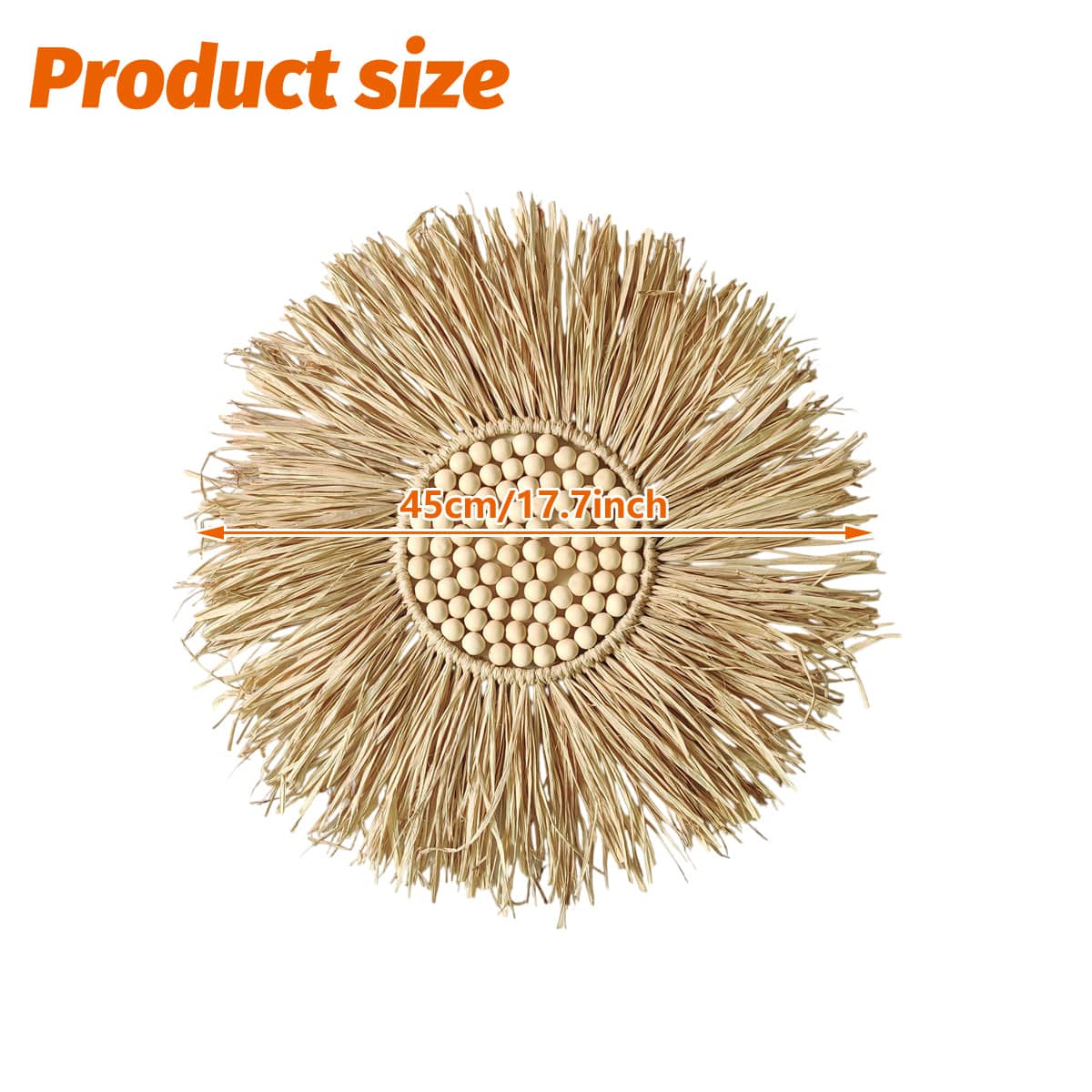 Boho Hand-Woven Straw Round Wall Hanging with Wooden Beads, 45 x 45 cm - view 3