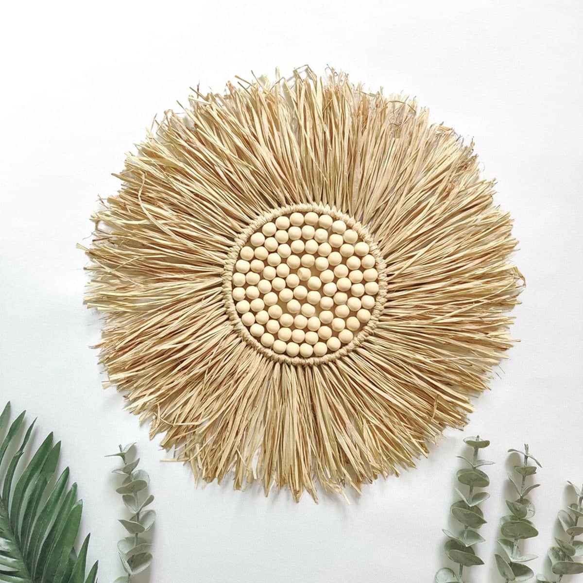 Boho Hand-Woven Straw Round Wall Hanging with Wooden Beads, 45 x 45 cm - view 5