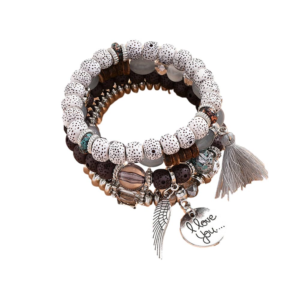 Boho Layered Charm Bracelet Set of 4 with Tassel - Grey