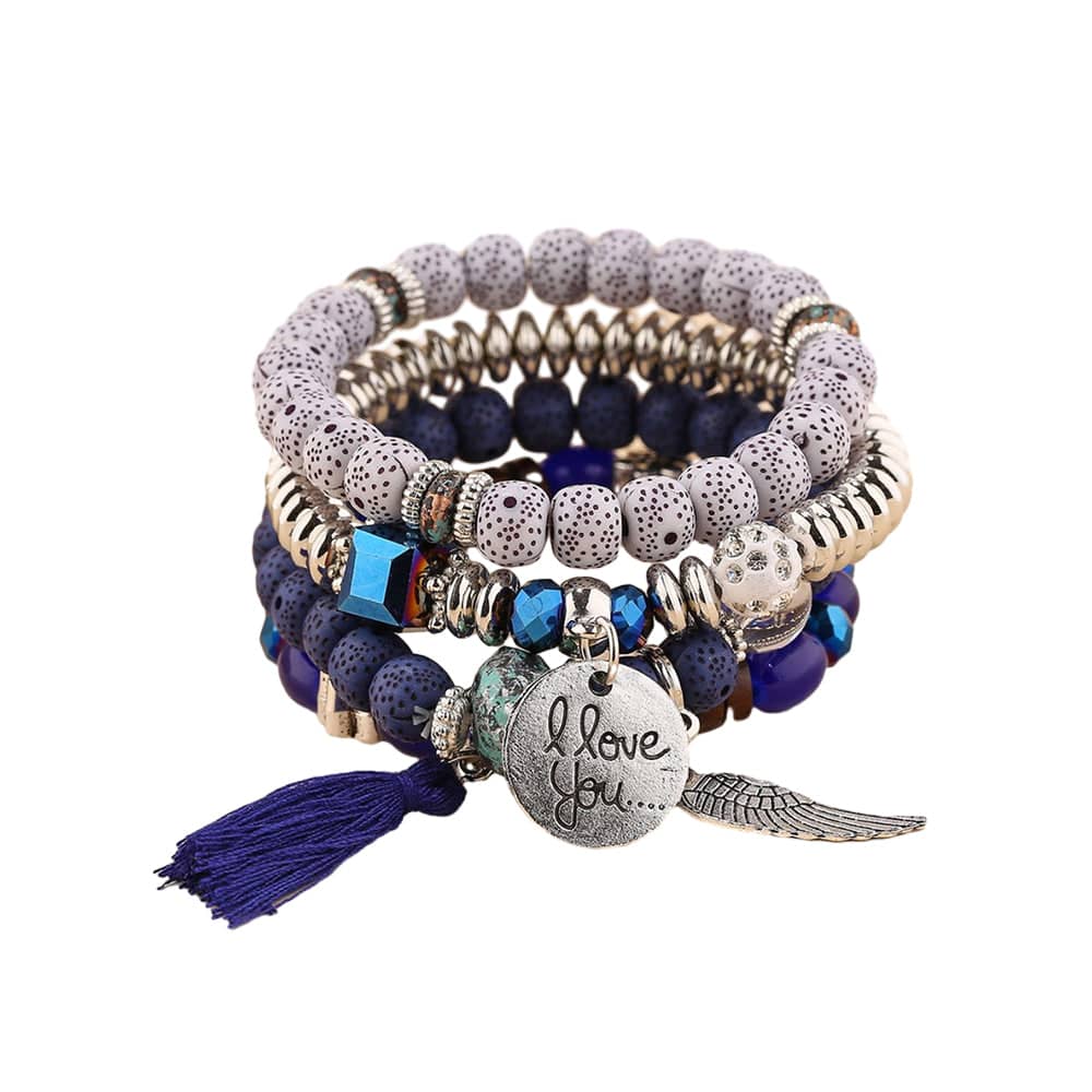 Boho Layered Charm Bracelet Set of 4 with Tassel - Royal Blue