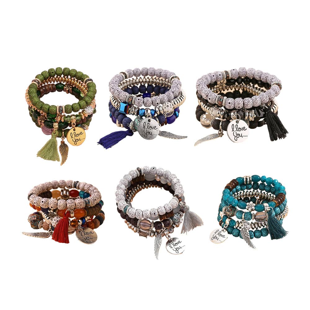 Boho Layered Charm Bracelet Set of 4 with Tassel - Royal Blue - view 3