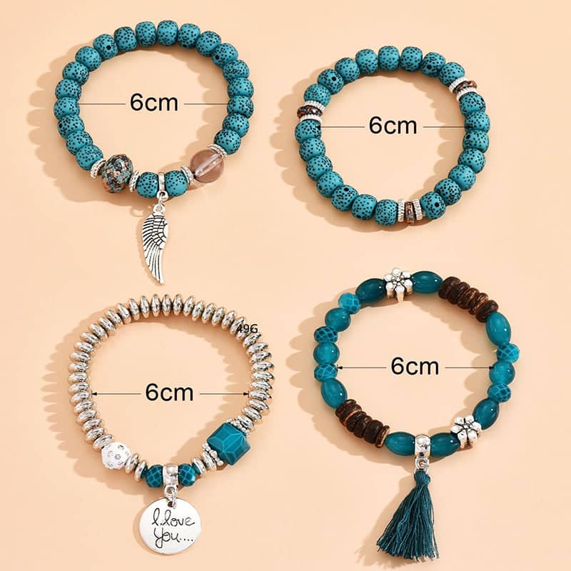 Boho Layered Charm Bracelet Set of 4 with Tassel - Royal Blue - view 4