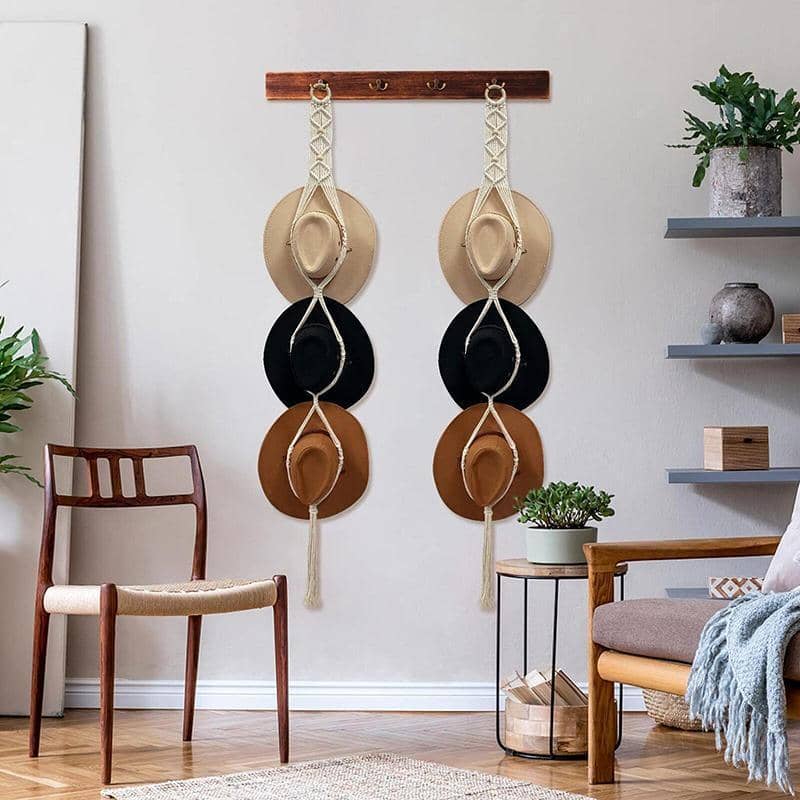 Boho Macrame Hat Hanger - Three Hats, Braided Loops with Fringe - view 5