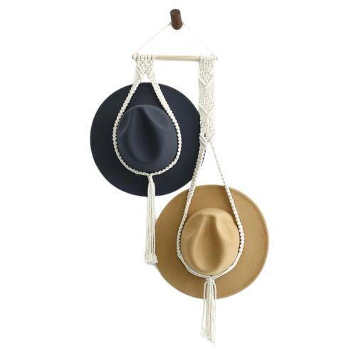Boho Macrame Hat Hanger - Two Hats, Braided Loops with Dowel Top