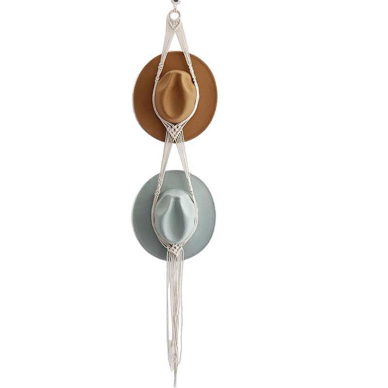 Boho Macrame Hat Hanger - Two Hats, Hanging Chain with Long Fringe
