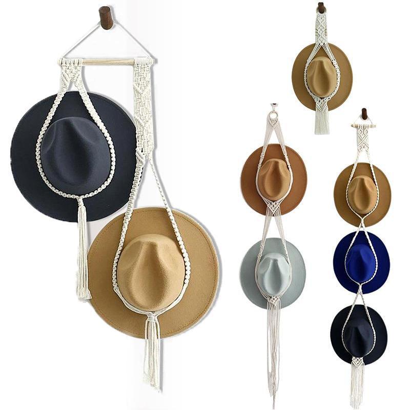Boho Macrame Hat Hanger - Two Hats, Hanging Chain with Long Fringe - view 3