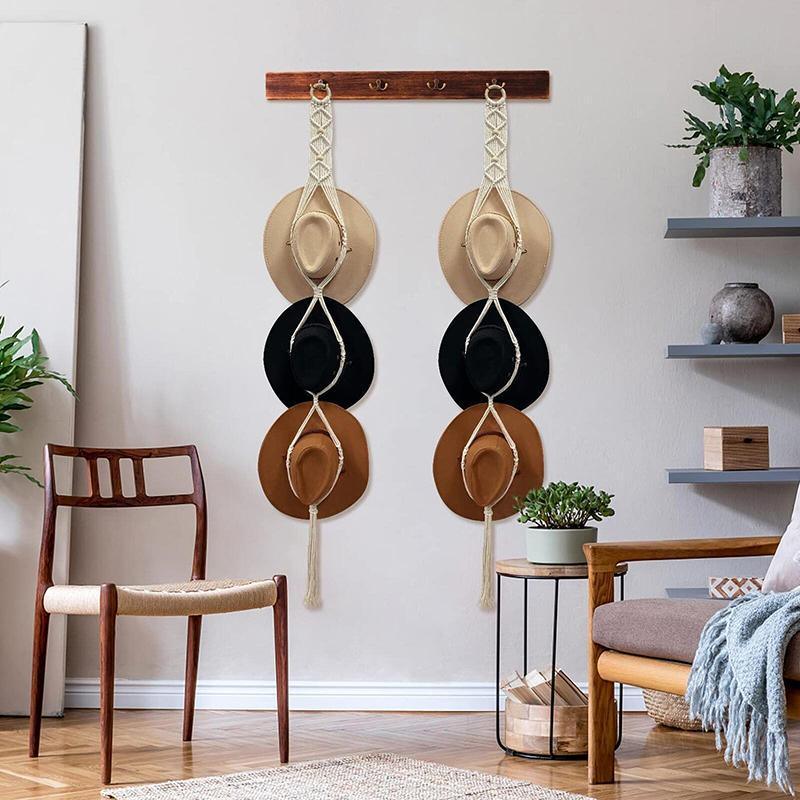 Boho Macrame Hat Hanger - Two Hats, Hanging Chain with Long Fringe - view 5