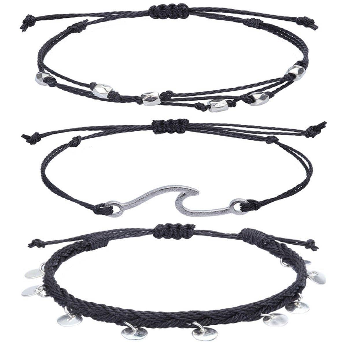 Boho Woven Bracelet and Anklet Set, 3 Pieces - Black
