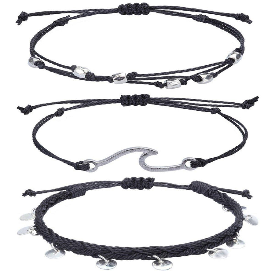Boho Woven Bracelet and Anklet Set, 3 Pieces - Black