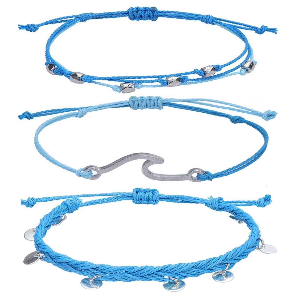 Boho Woven Bracelet and Anklet Set, 3 Pieces - Blue