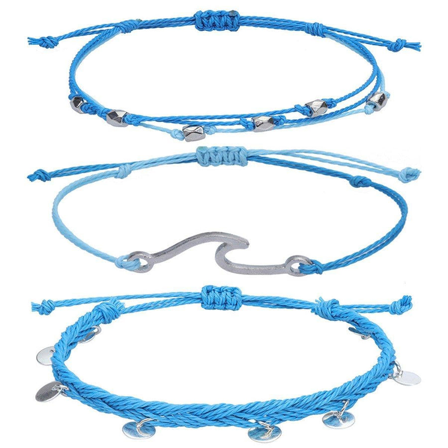 Boho Woven Bracelet and Anklet Set, 3 Pieces - Blue