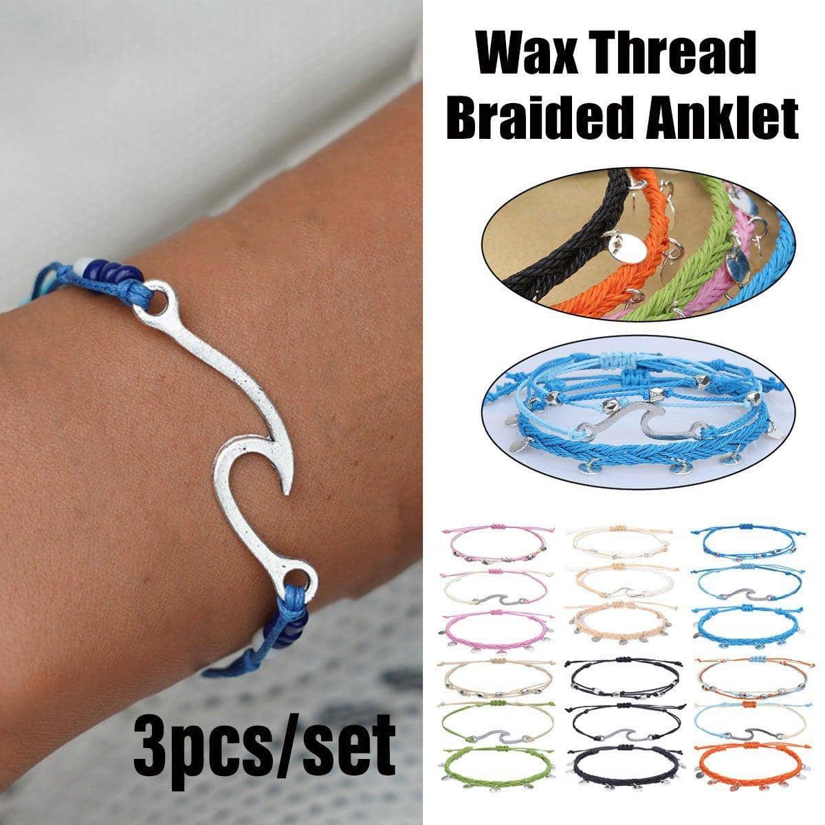 Boho Woven Bracelet and Anklet Set, 3 Pieces - Blue - view 2