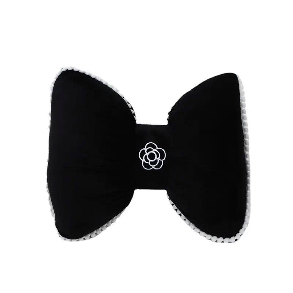 Bow Car Waist Support Pillow - Black with White Camellia Embroidery