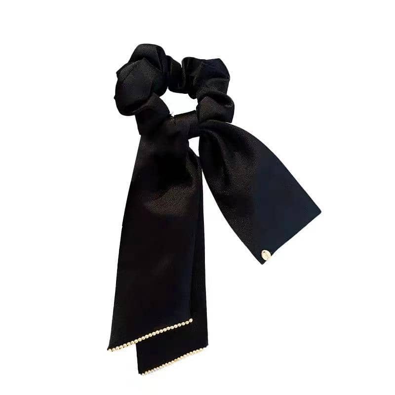 Bow Hair Scrunchie with Ribbon Tails - Black