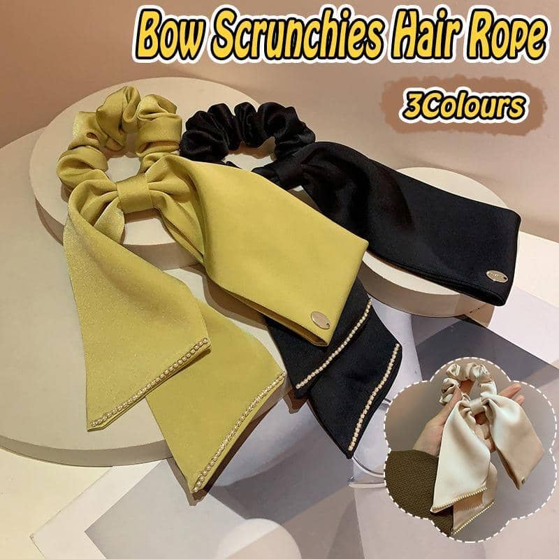 Bow Hair Scrunchie with Ribbon Tails - Olive Green - view 2