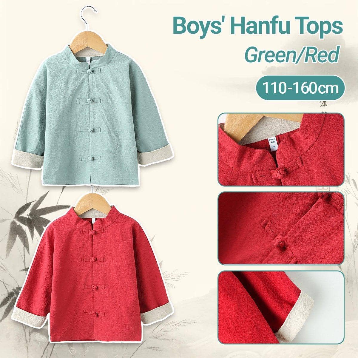 Boys Traditional Chinese Hanfu Top, Cotton Linen - Mint Green, 110 cm - view 2