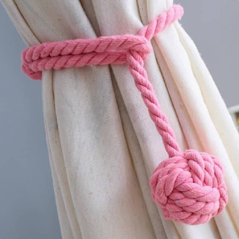 Braided Cotton Curtain Tiebacks with Hanging Ball, No Drill - Pink, 1 Pair
