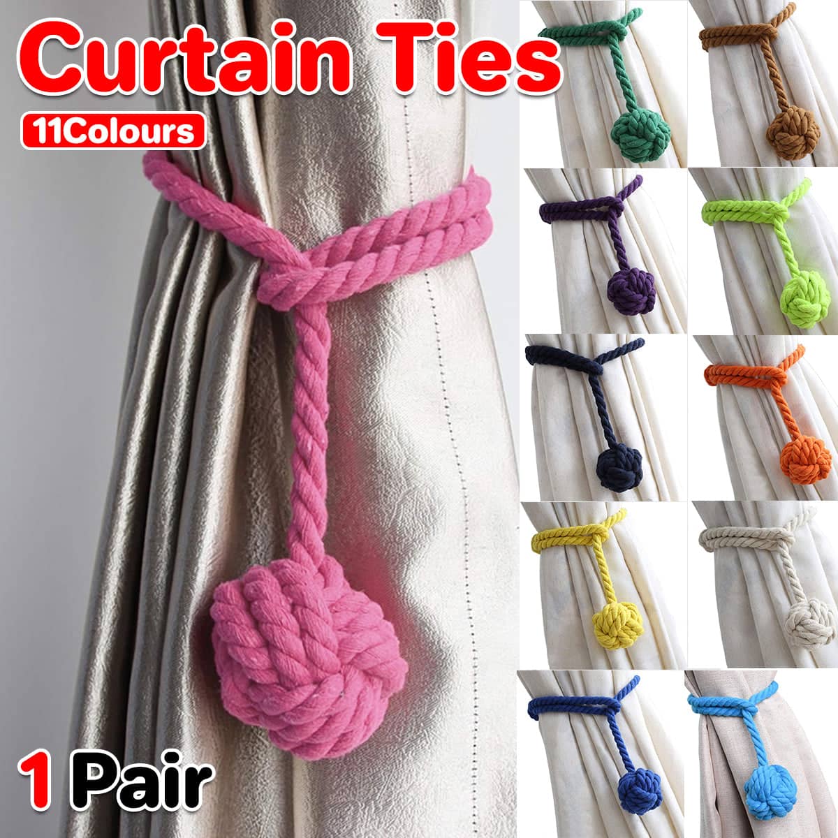 Braided Cotton Curtain Tiebacks with Hanging Ball, No Drill - Royal Blue, 1 Pair - view 2