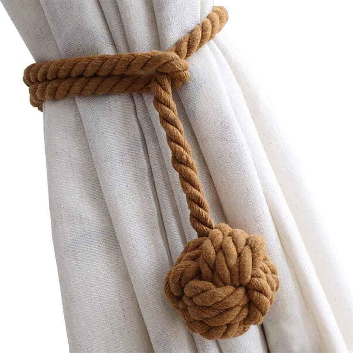Braided Cotton Curtain Tiebacks with Hanging Ball, No Drill - Tan Brown, 1 Pair