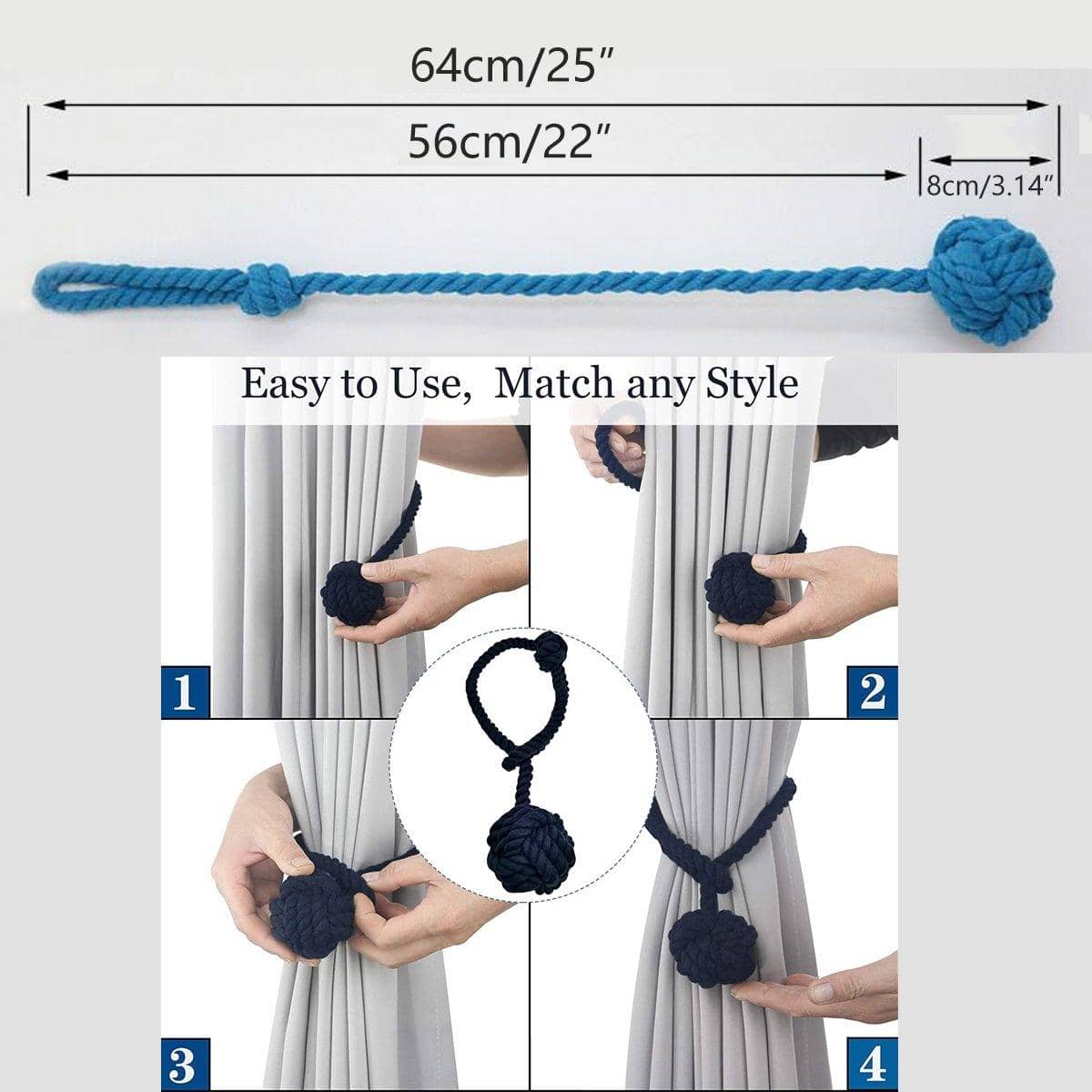 Braided Cotton Curtain Tiebacks with Hanging Ball, No Drill - Tan Brown, 1 Pair - view 4
