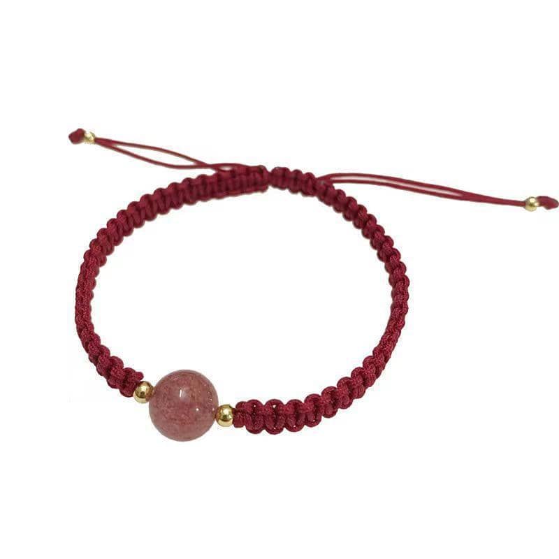 Braided Rope Bracelet with Peach Blossom Crystal Bead - Red