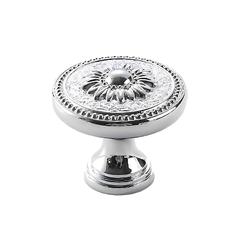 Brass Cabinet Knob, Silver Sunflower Design with Beaded Rim - Style A