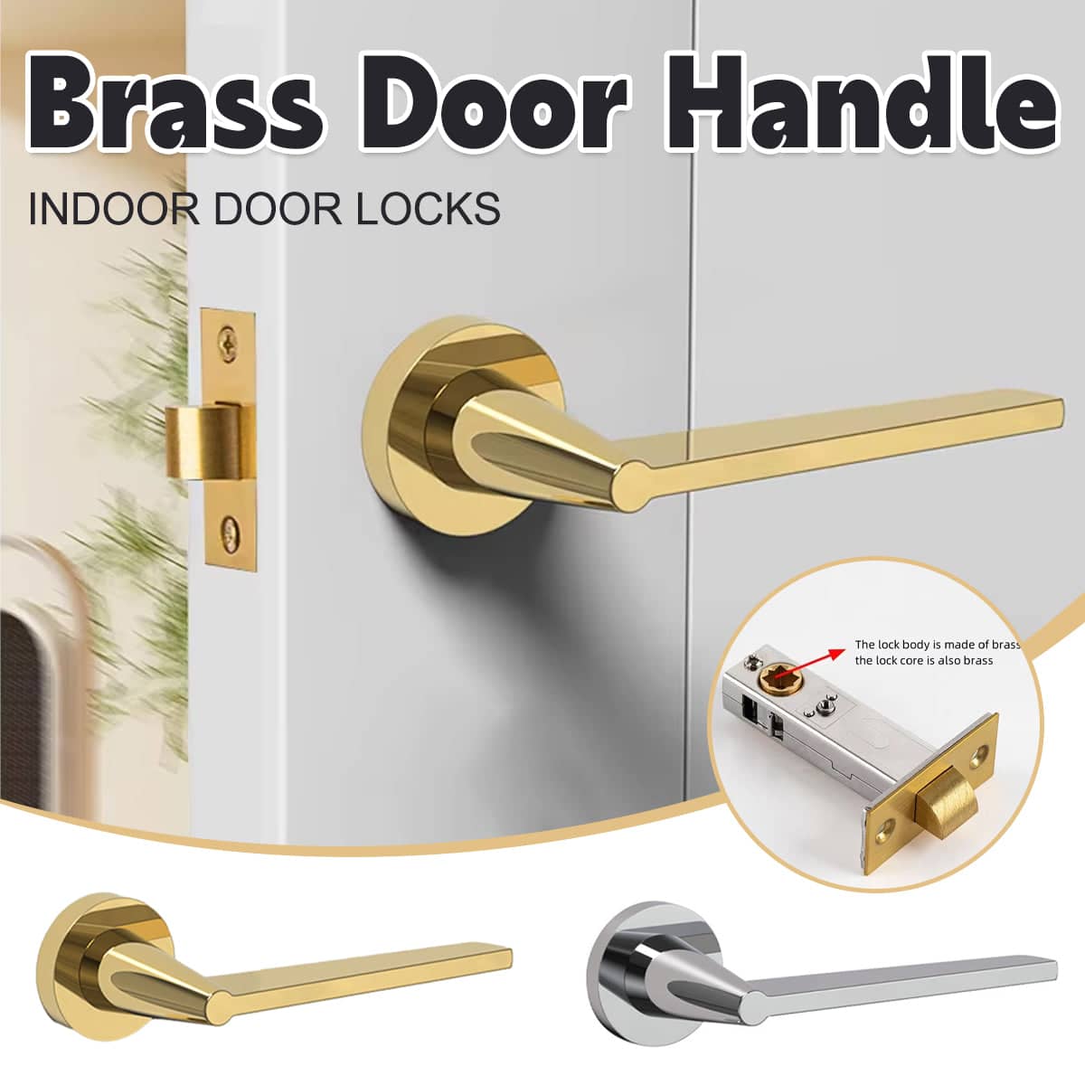 Brass Indoor Door Lever Lock Set for Bedroom - Gold - view 2