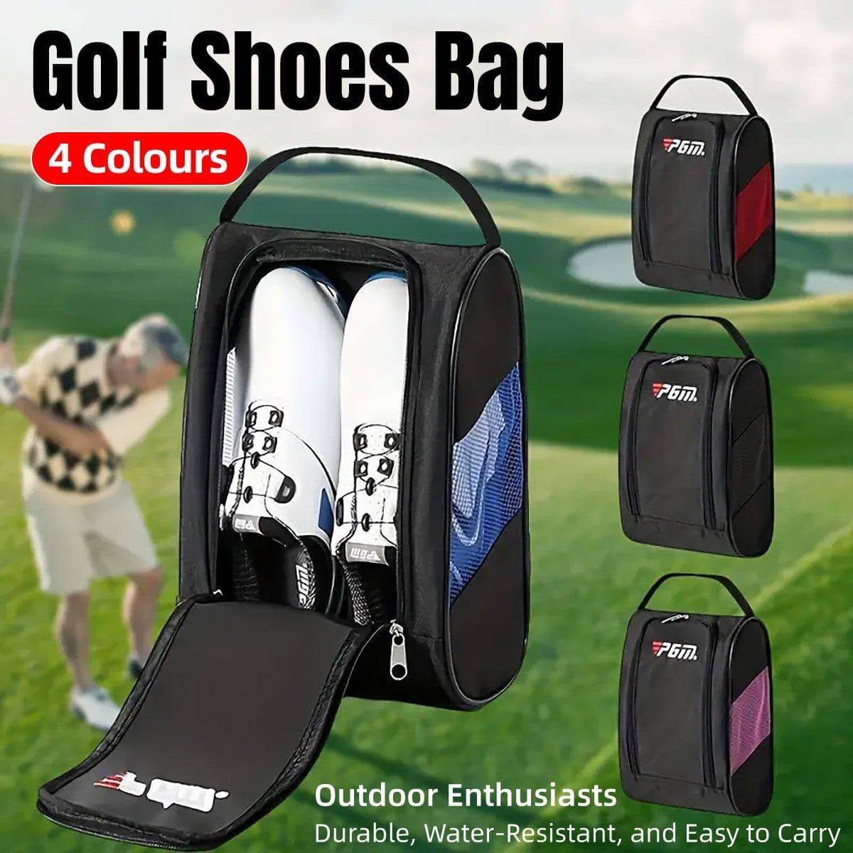Breathable Golf Shoe Bag with Double Zip and Mesh Side Panel - Red - view 2