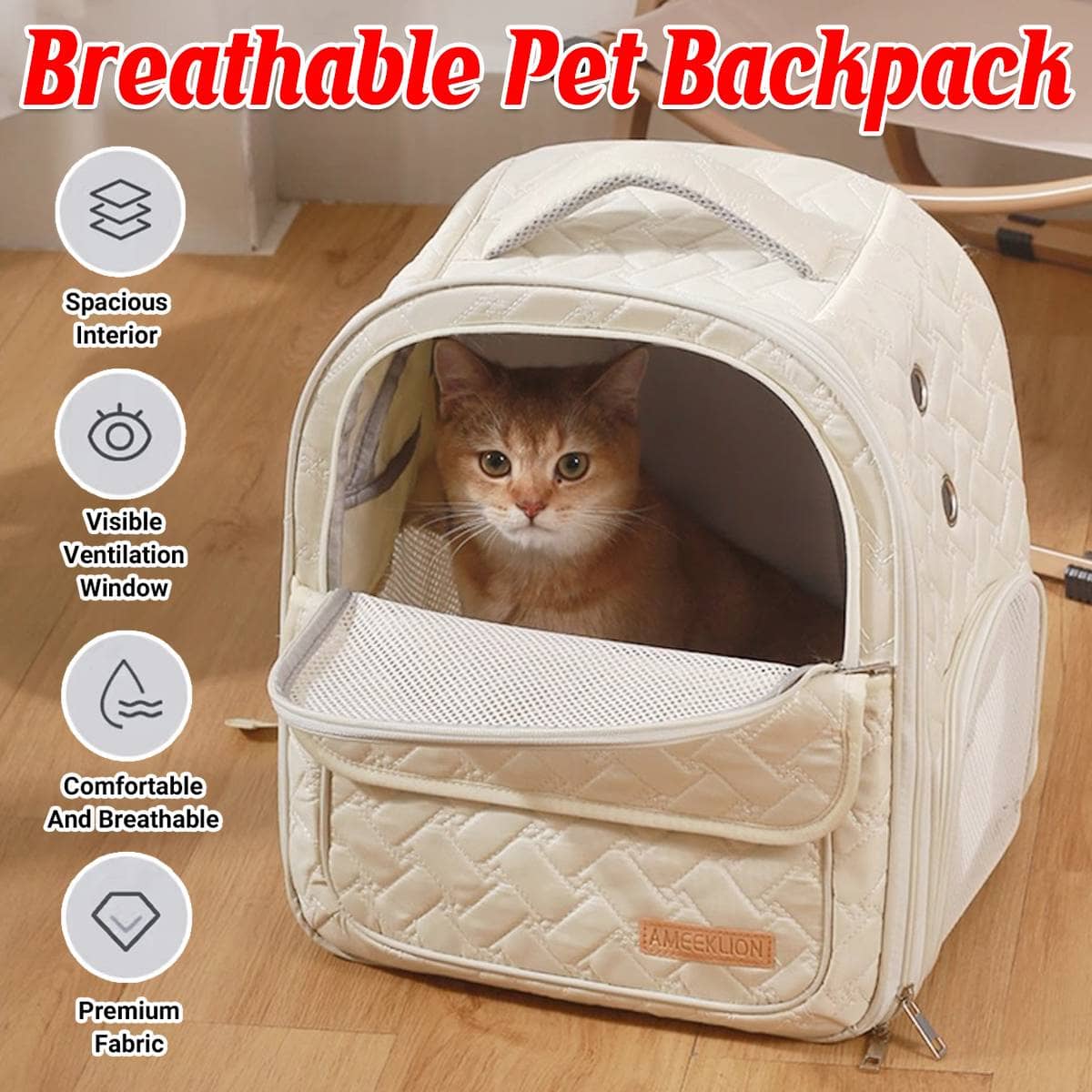 Breathable Pet Backpack Carrier Quilted Cat and Small Dog Bag with Ventilation Window
